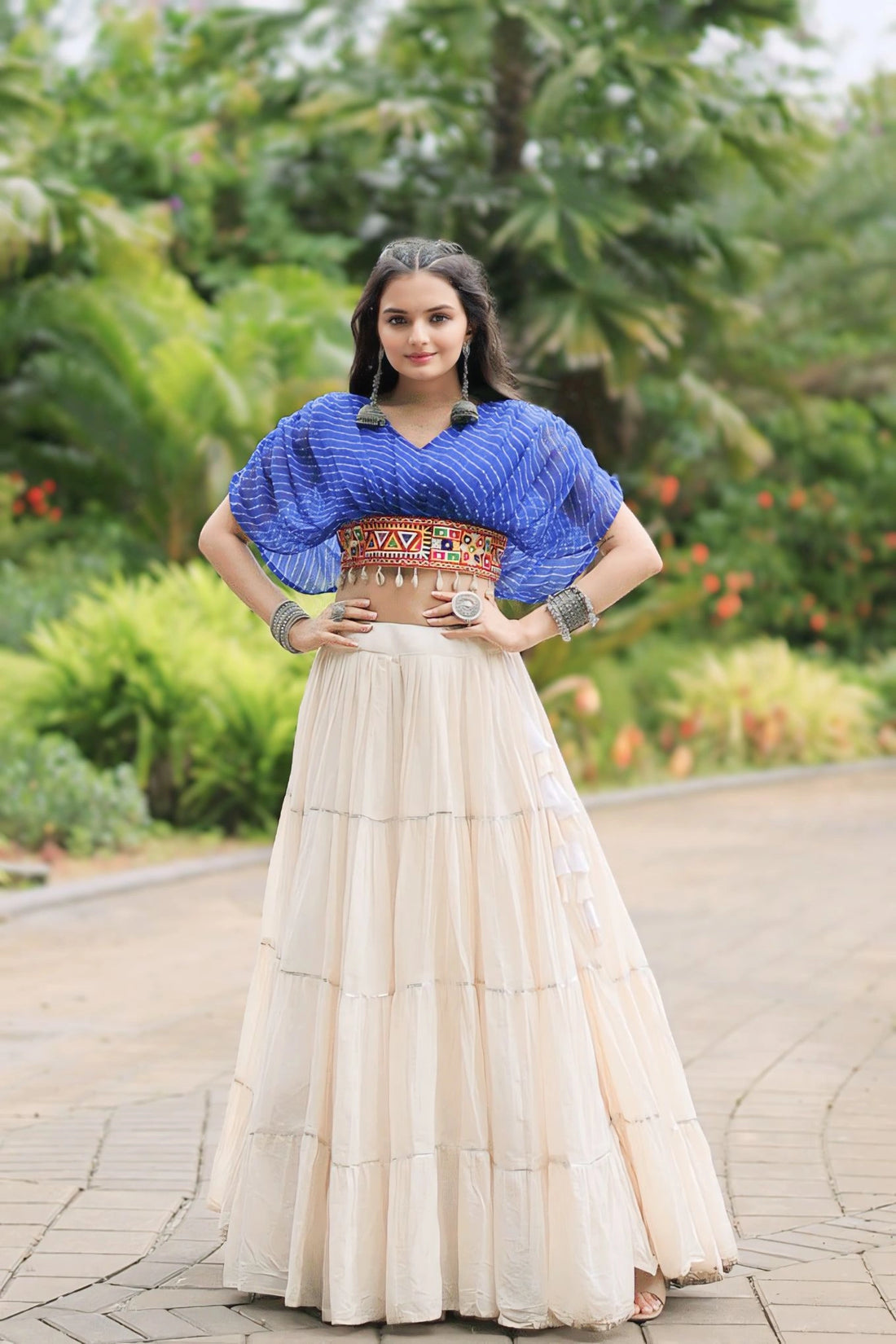 pink blouse wih white lehenga