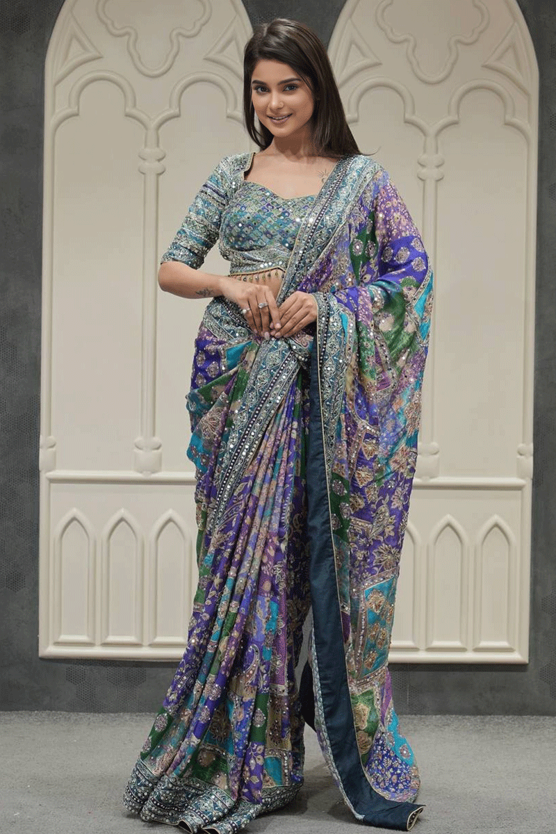 chinon fabric mirror work saree
