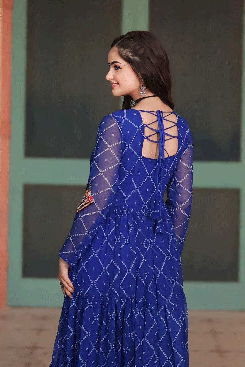 Blue Bandhani Print Long Flare Gown Online For Navratri