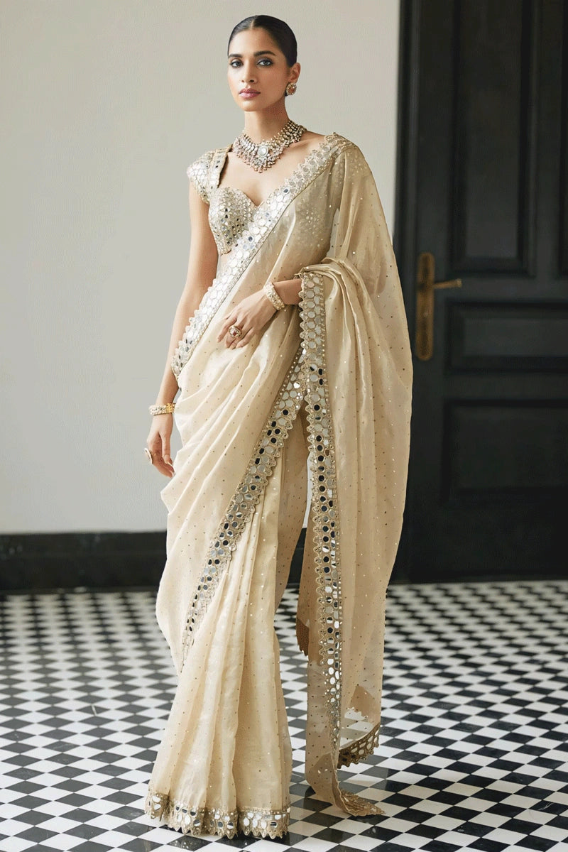 cream color reception party saree