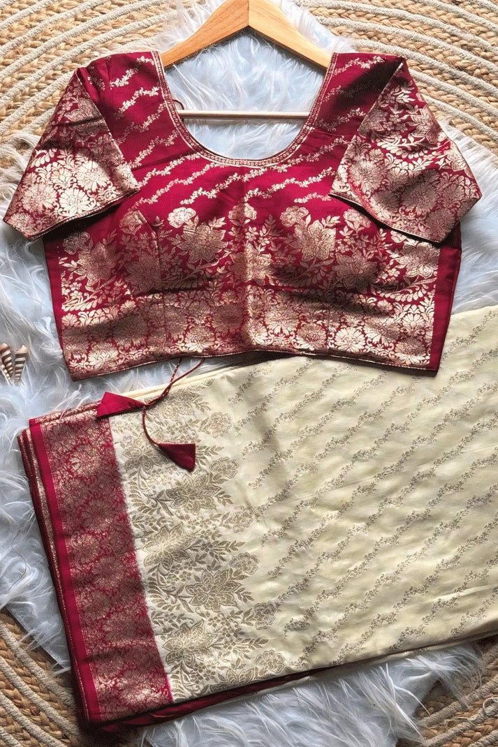 cream saree with red blouse for karwa chauth