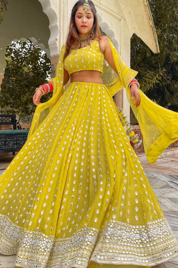 Designer Yellow Crop Top Lehenga Choli For Haldi Function - Anaya Designer Studio