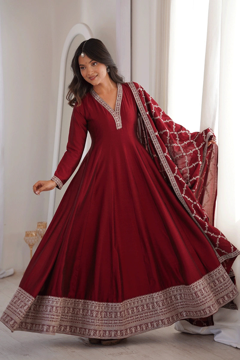 dark red long gown with embroidery dupatta 