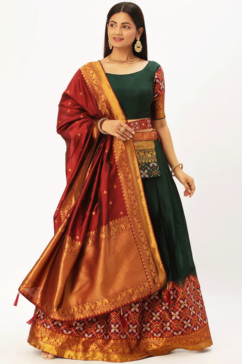 red and green half saree look 2024