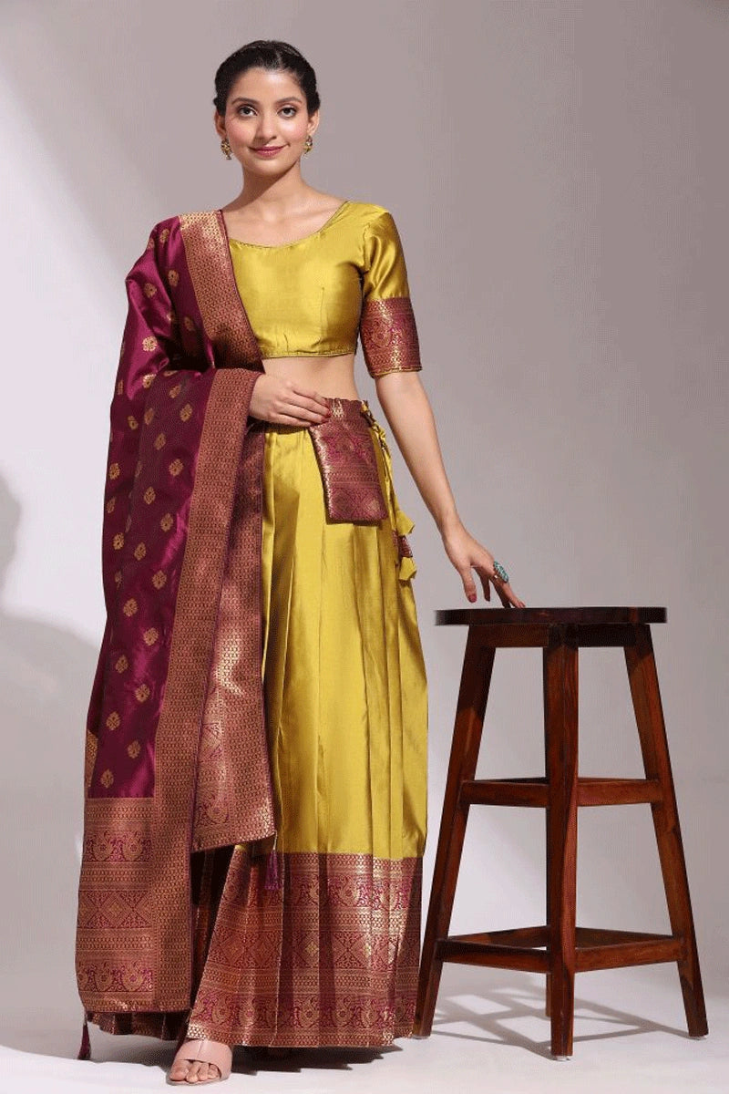 Dark Yellow Traditional Half Saree With Litchi Silk Fabric