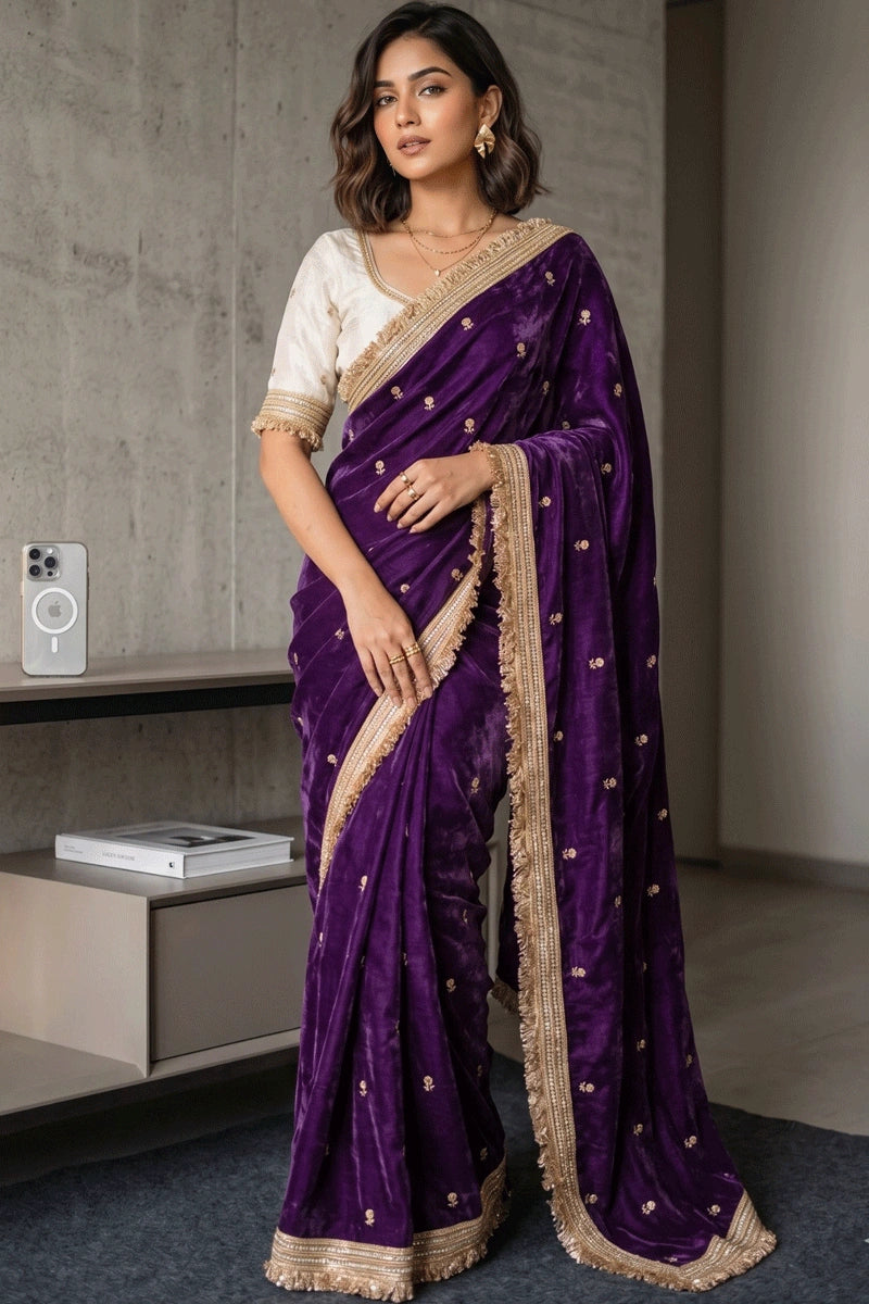 designer purple satin silk saree