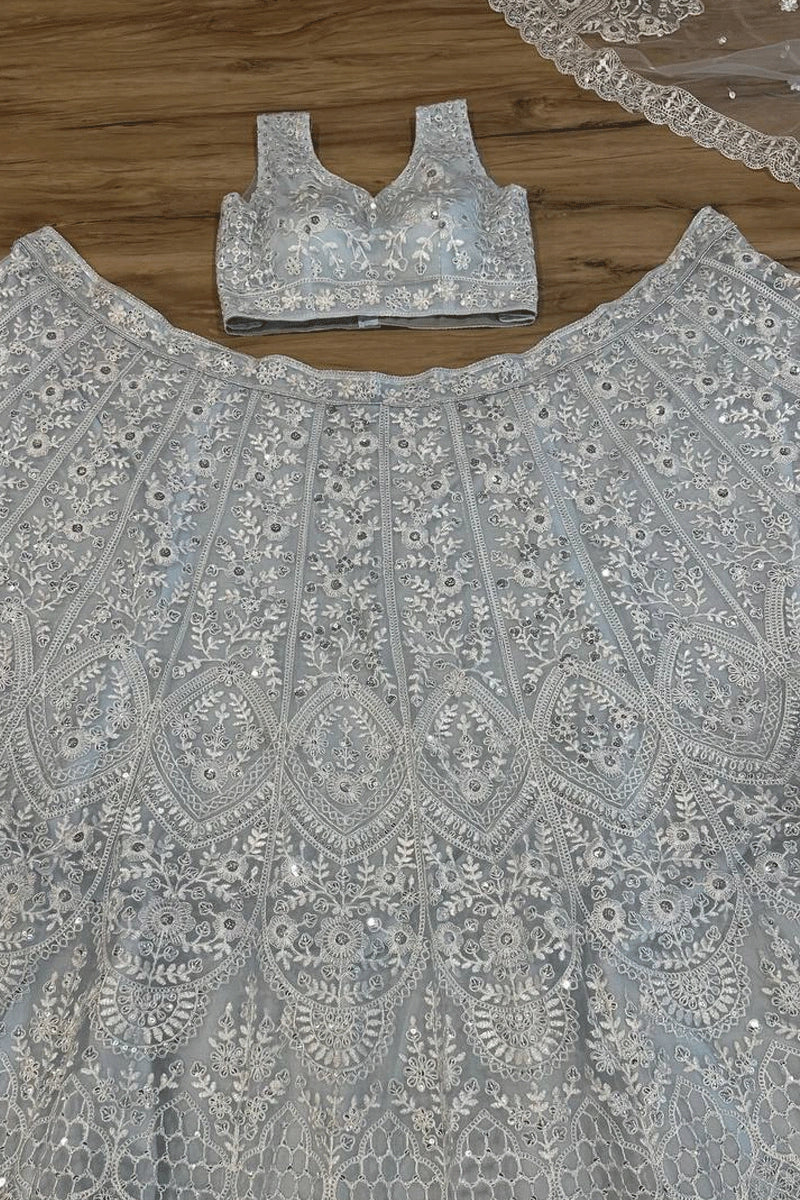 designer silver color lehenga for wedding function 