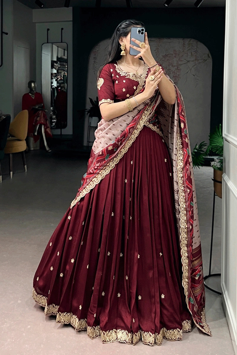 designer thread embroidery lehenga