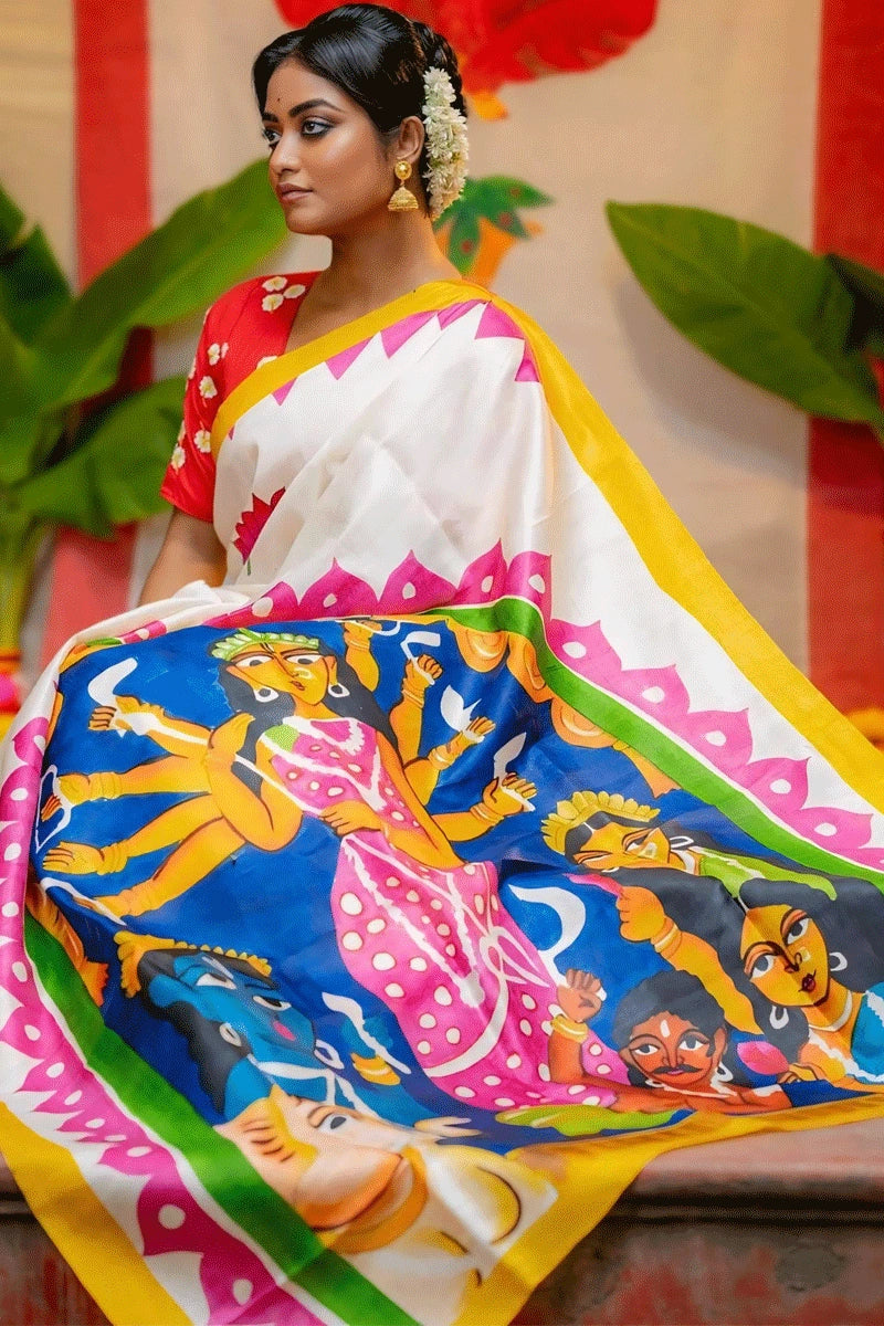 white linen saree for durga puja