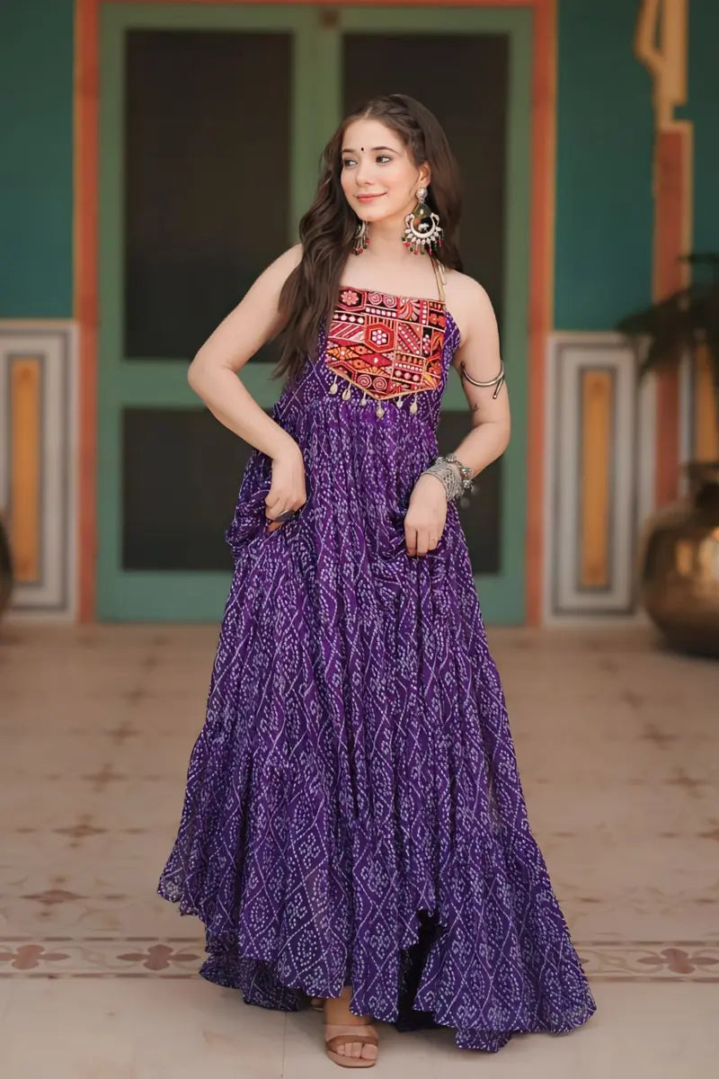 digital print work faux georgette bandhani gown