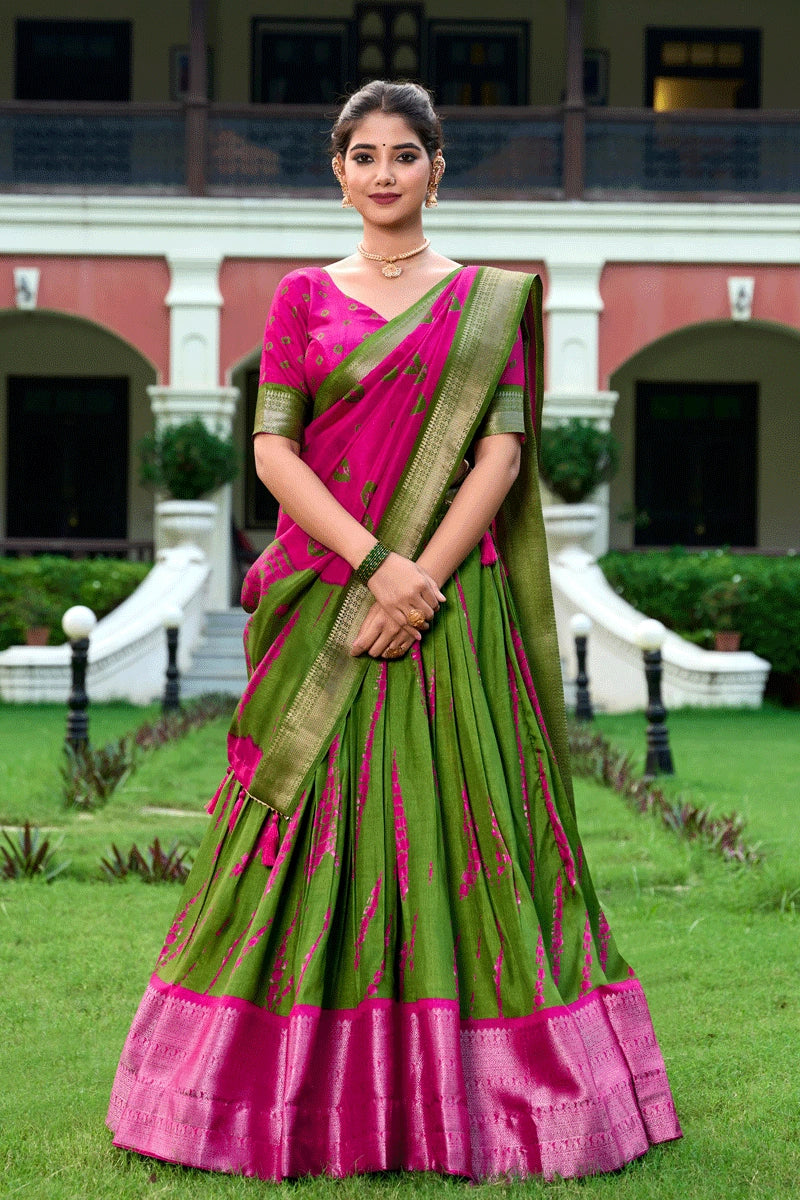 double colour green and pink colour half saree 