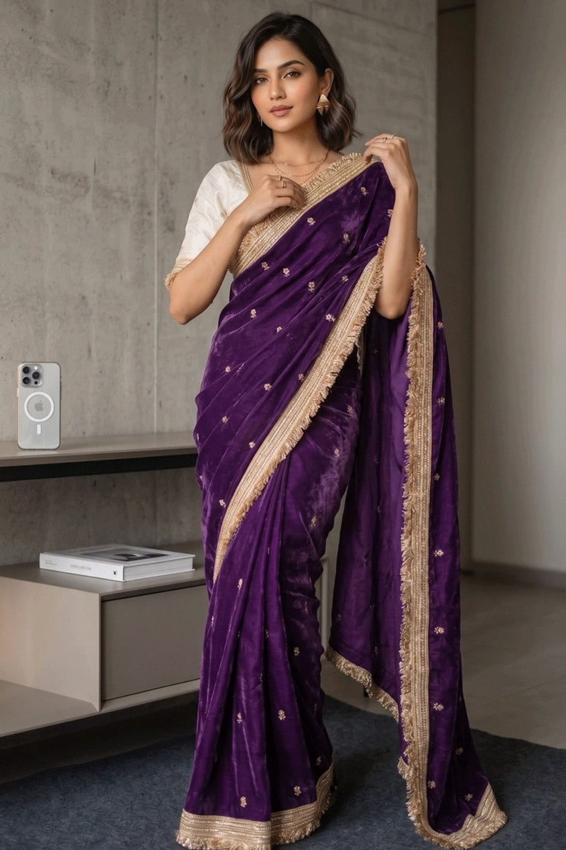 designer purple satin silk saree