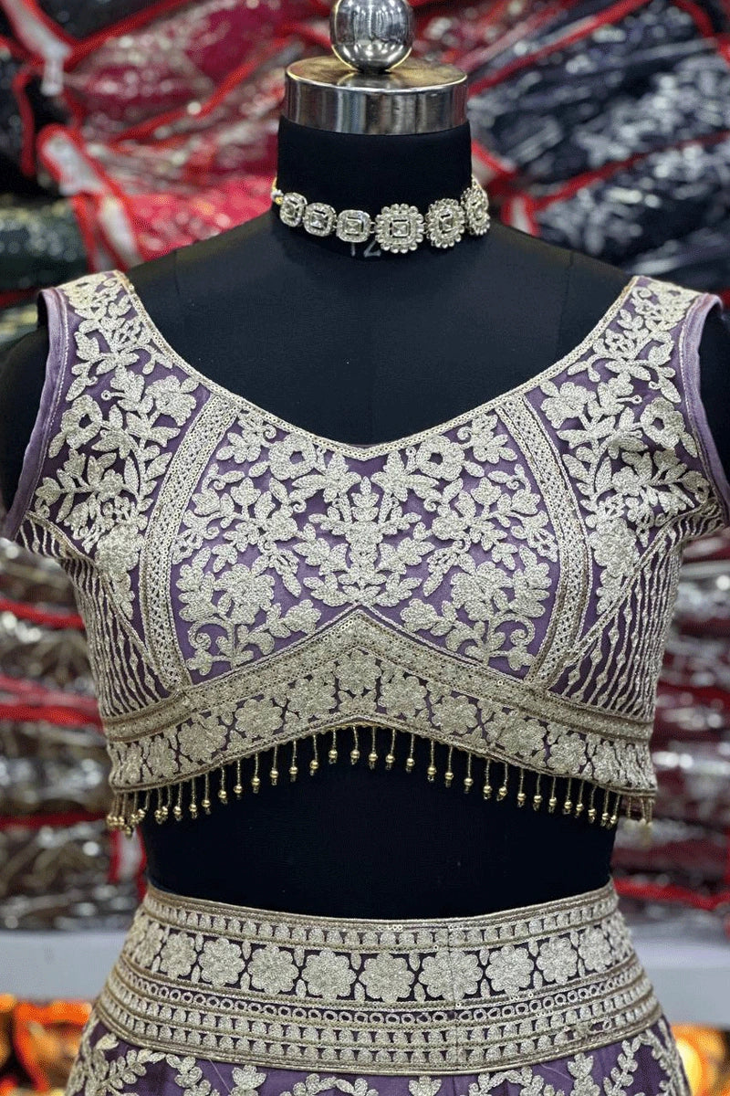 embroidered net lehenga in light purple