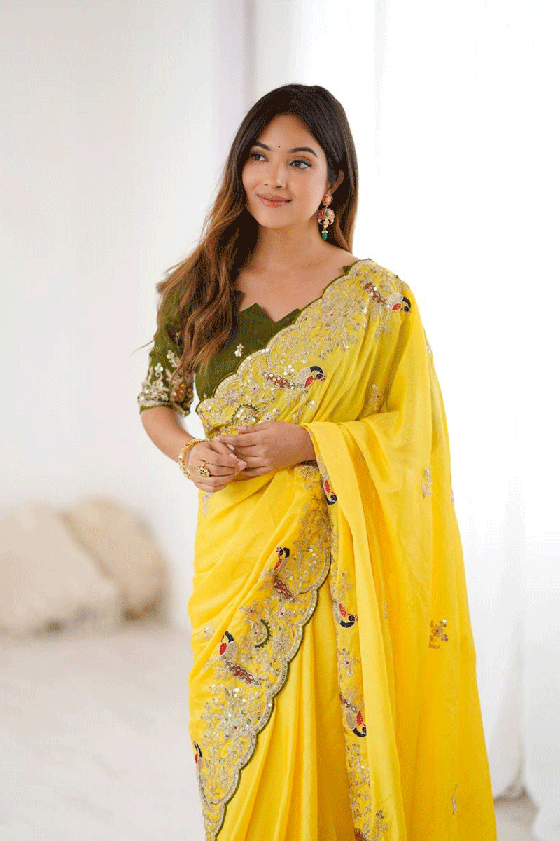 Embroidery Work Yellow Saree For Haldi Ceremony