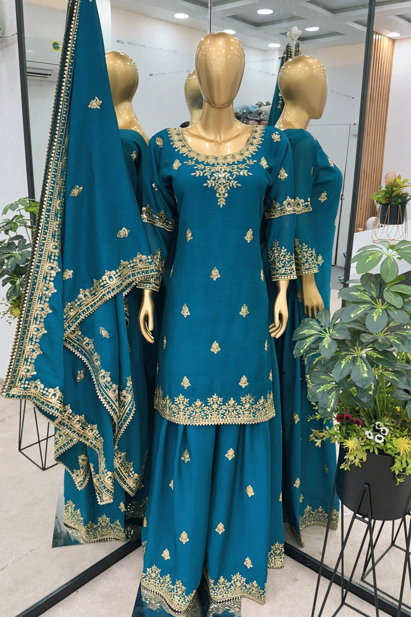 embroidery work sky blue sharara suit