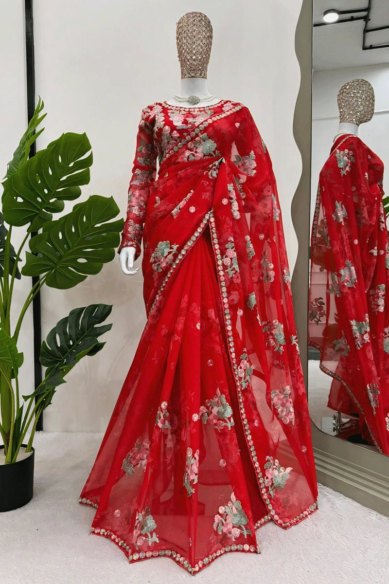 flower designer red saree for wedding function