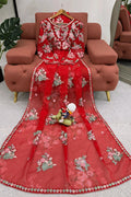 flower designer red saree with border for wedding function