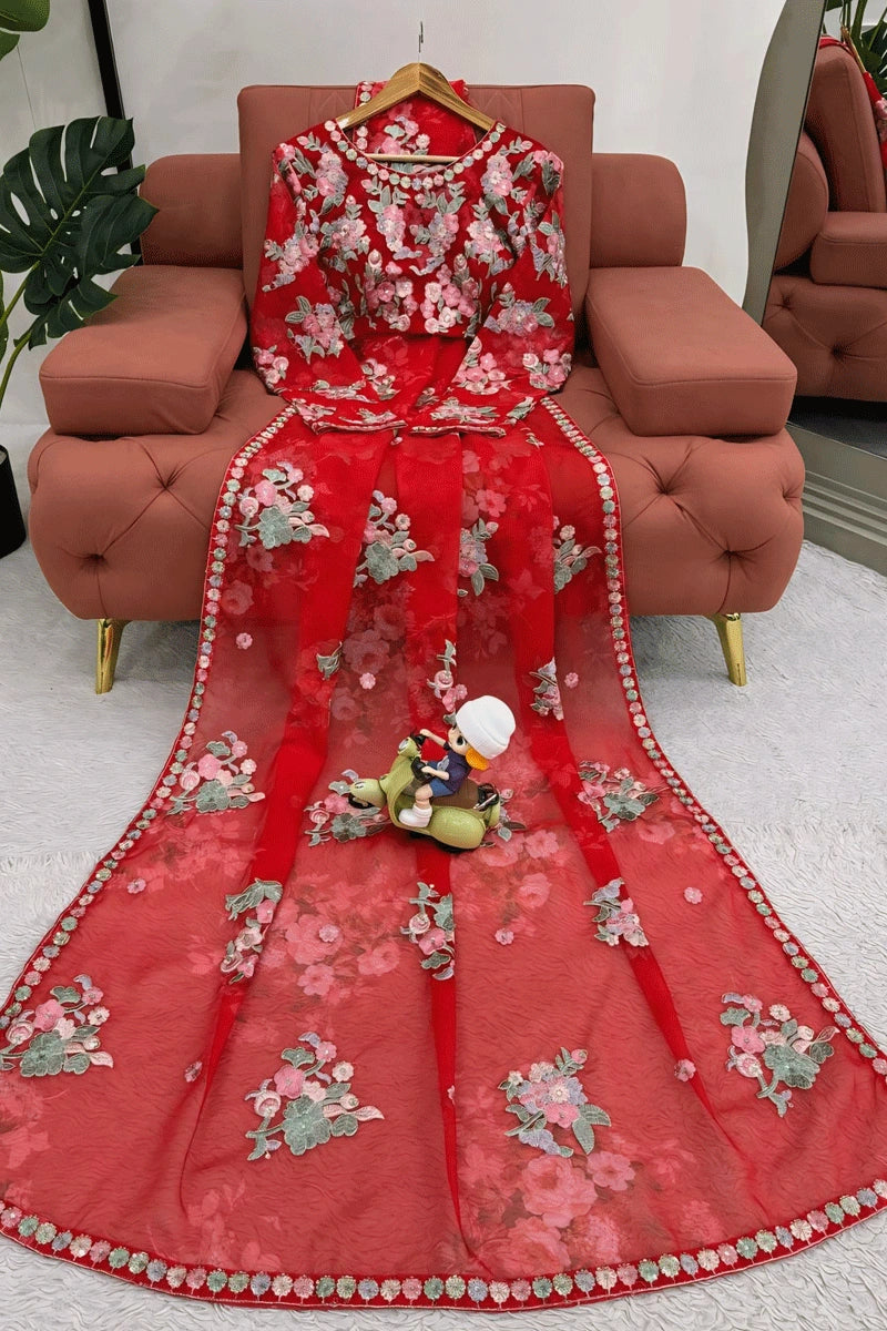 flower designer red saree with border for wedding function