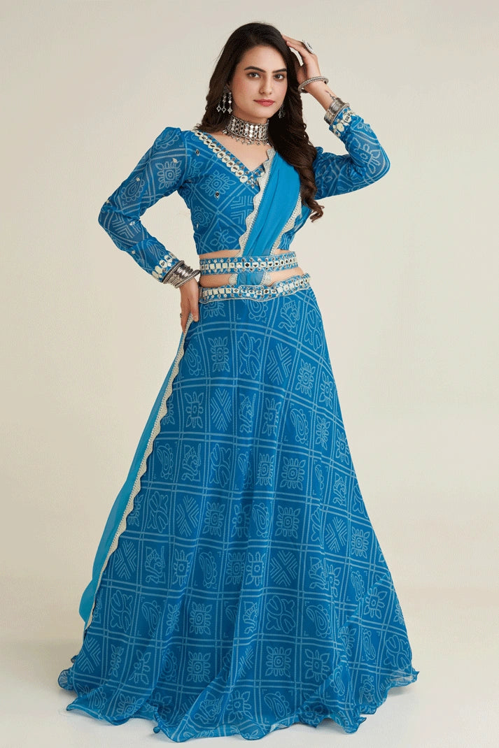 Digital Print Sky Blue Colour Lehenga For Garba