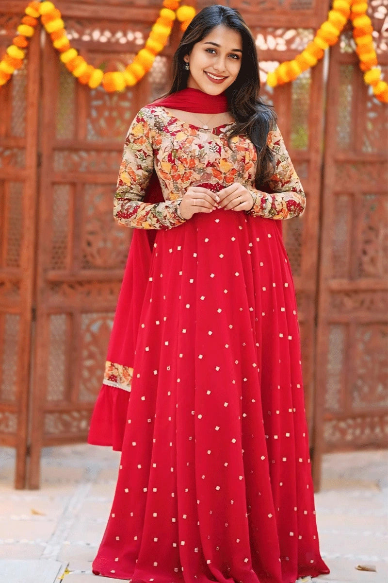 full sleeve red gown for durga puja