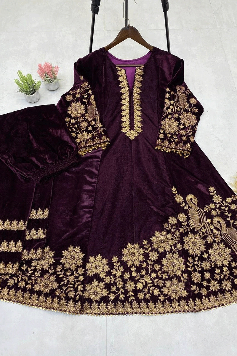 Wine Color Velvet Winter Suit For Lohri