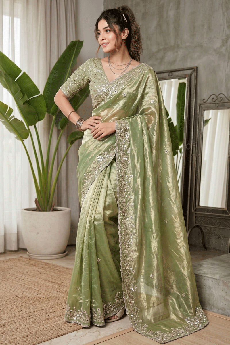 fully stitched pista color saree