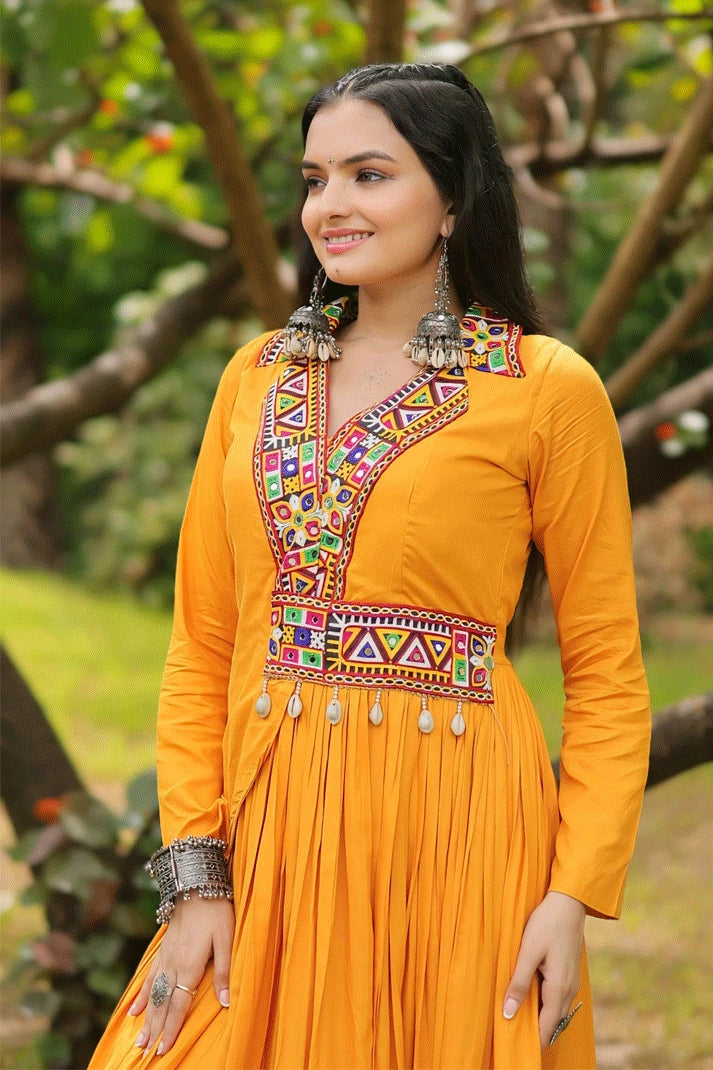 gamthi work yellow gown for garba