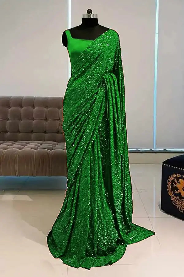 georgette Sequence saree Green Colour