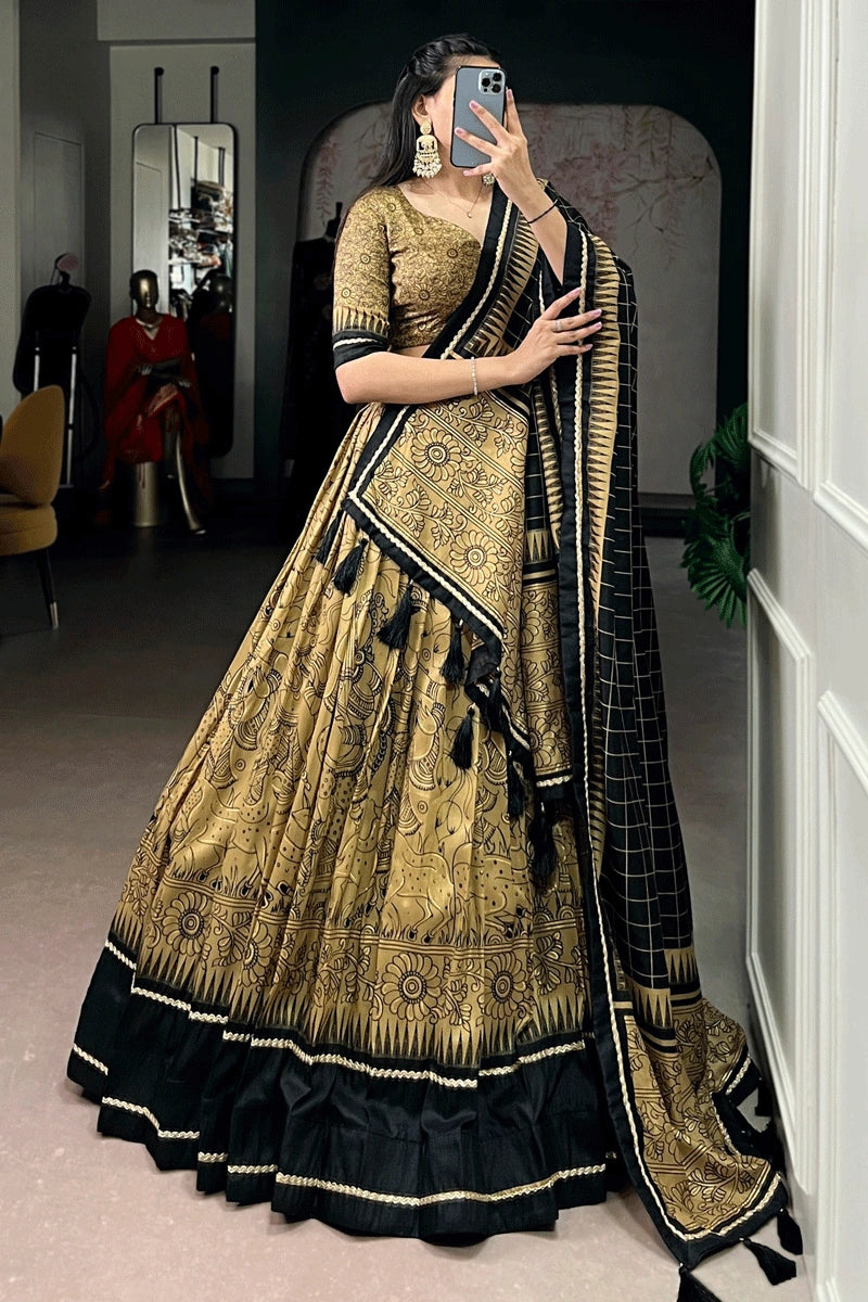 gold color kalamkari print lehenga for wedding 