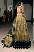 gold color kalamkari print lehenga for wedding function 