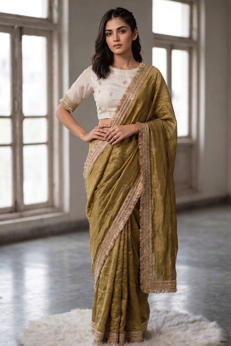 gold satin silk saree for wedding guest