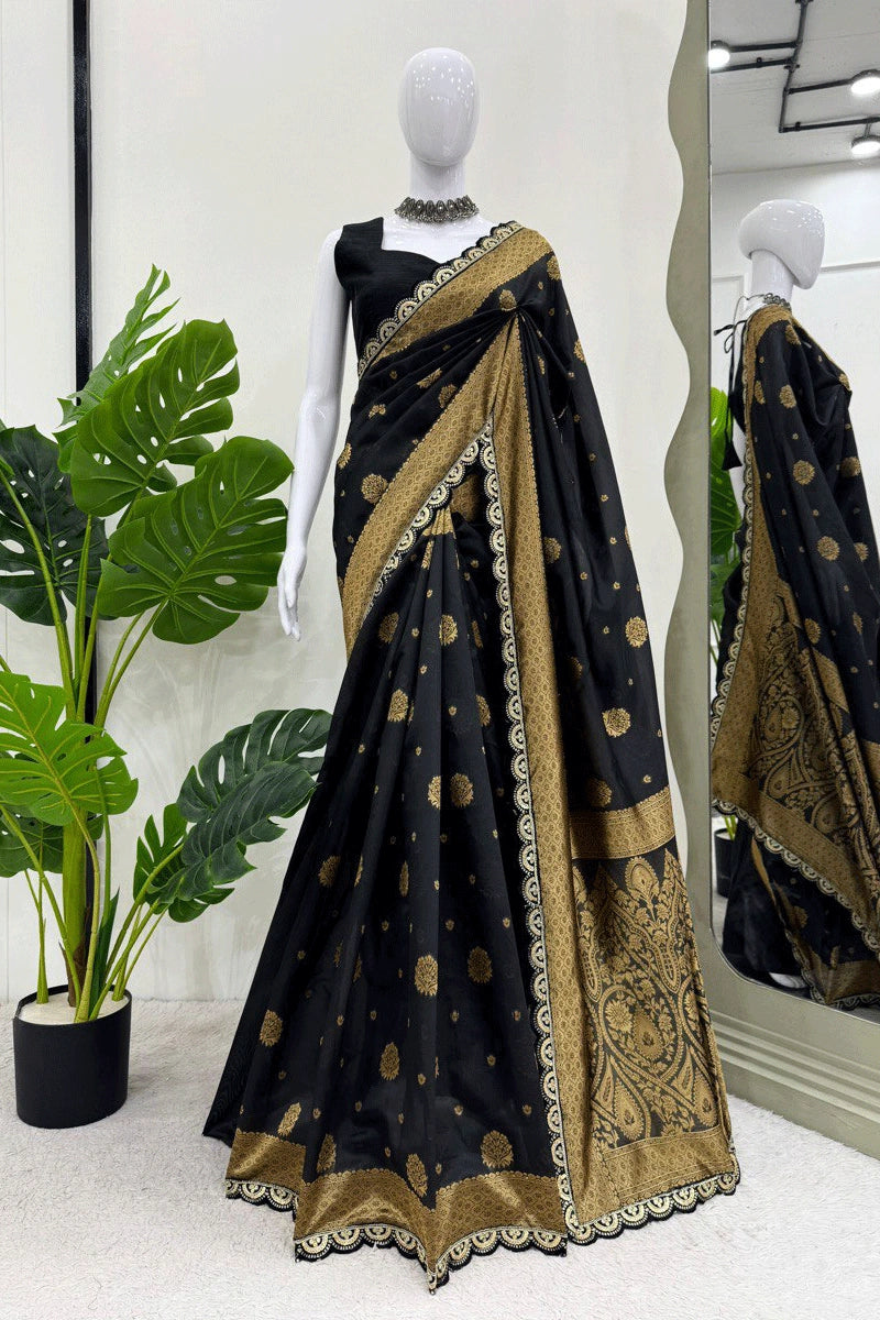 golden black saree