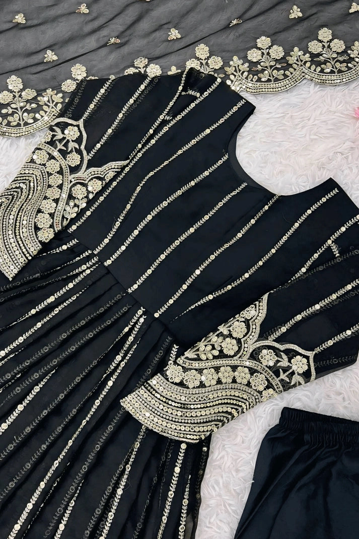 Embroidery Work Golden Black Long Gown For Diwali