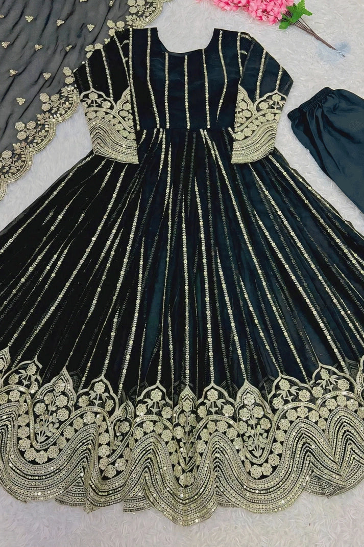 Embroidery Work Golden Black Long Gown For Diwali - Anaya Designer Studio Embroidery Work Golden Black Long Gown For Diwali - Anaya Designer Studio