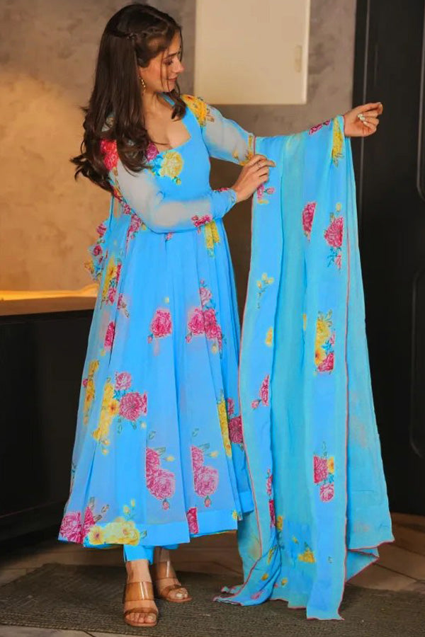 Designer Sky Blue Anarkali Gown For Wedding Reception - Anaya Designer Studio