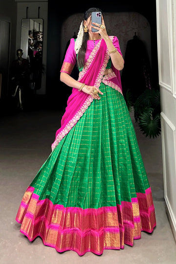 green and pink half saree