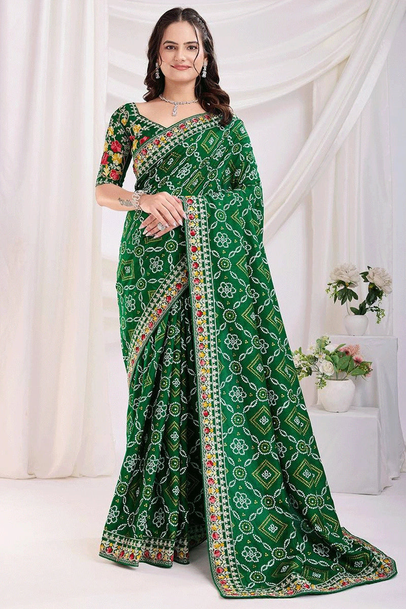 green bandhani print saree