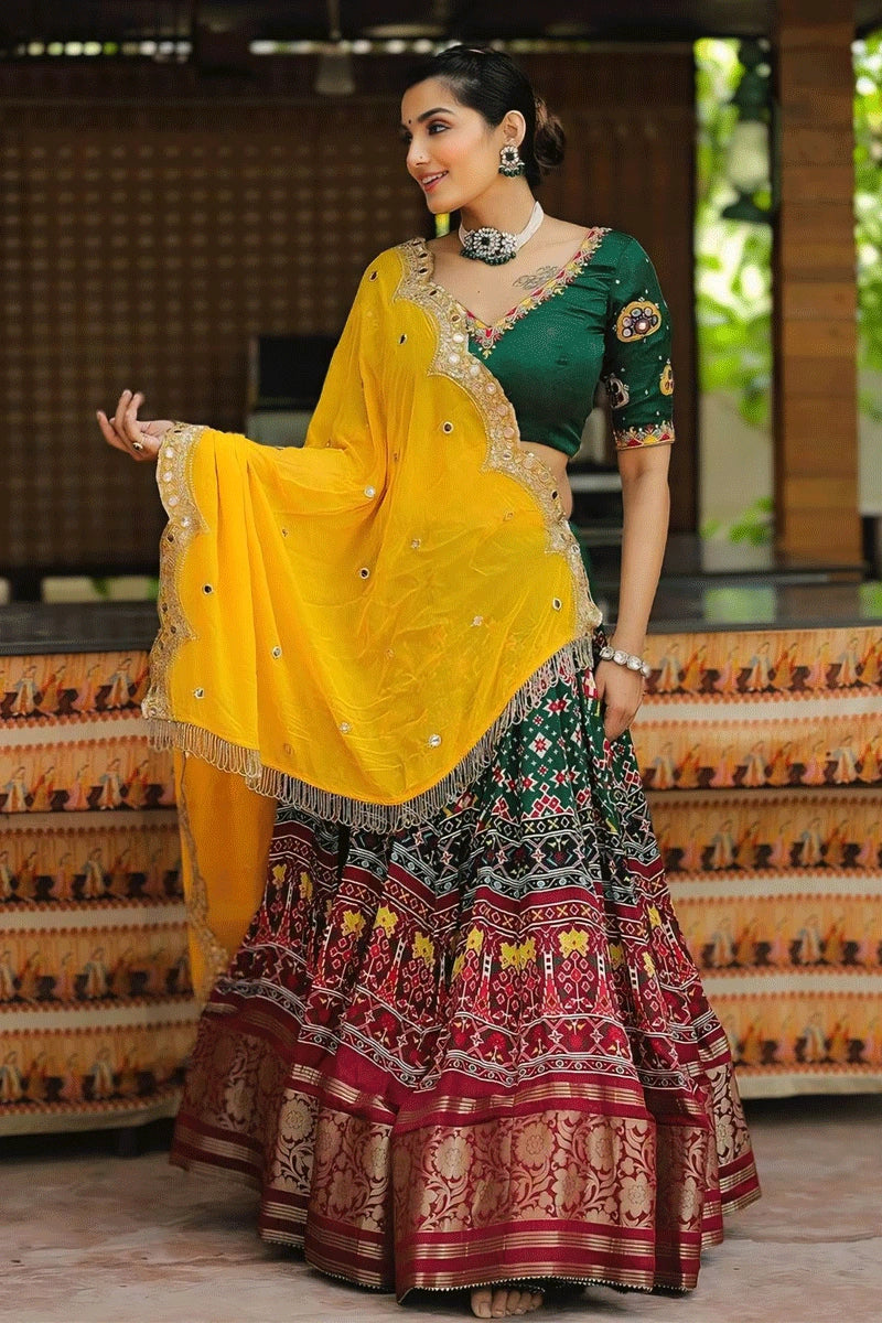 green chaniya choli with yellow dupatta for garba