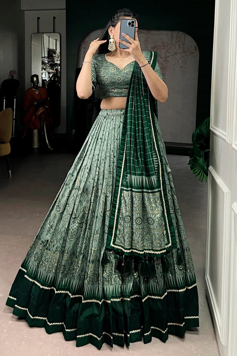 green color kalamkari lehenga for wedding  function 