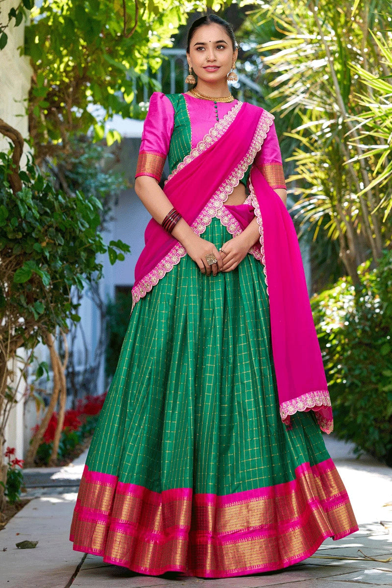 green half saree with pink vani