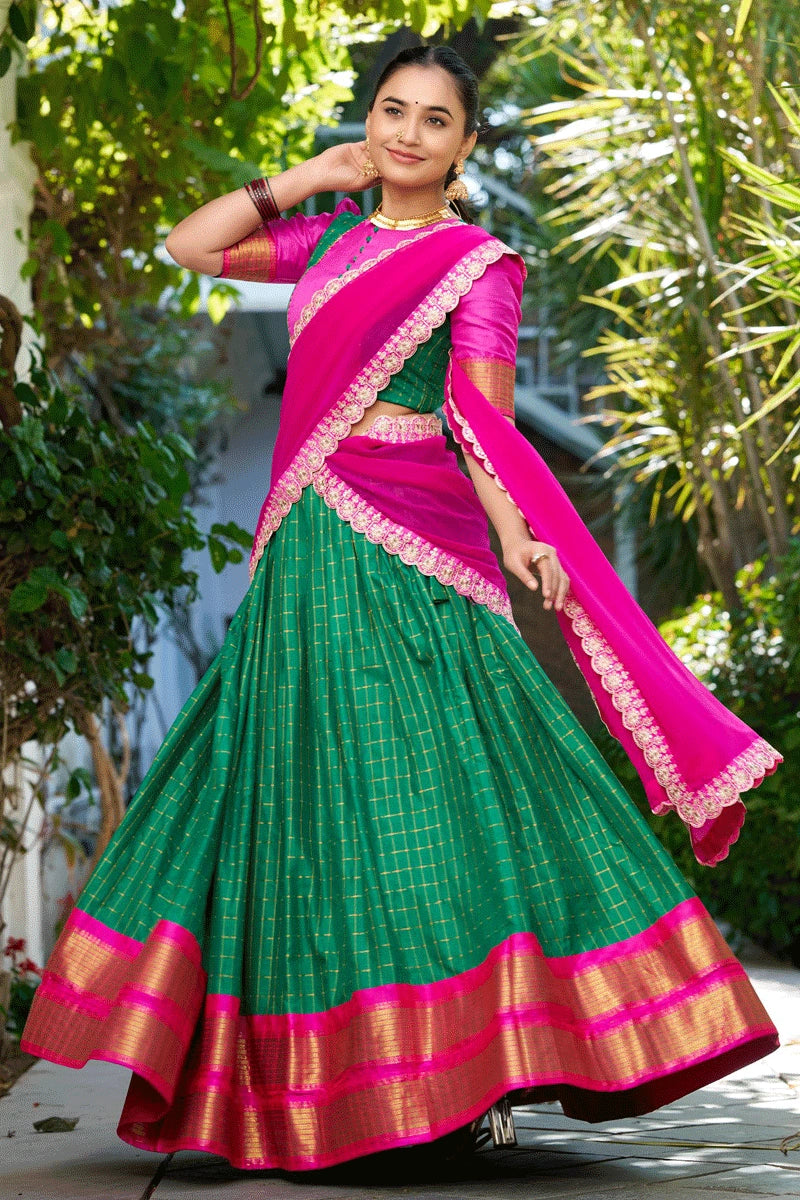 green half saree with pink vani