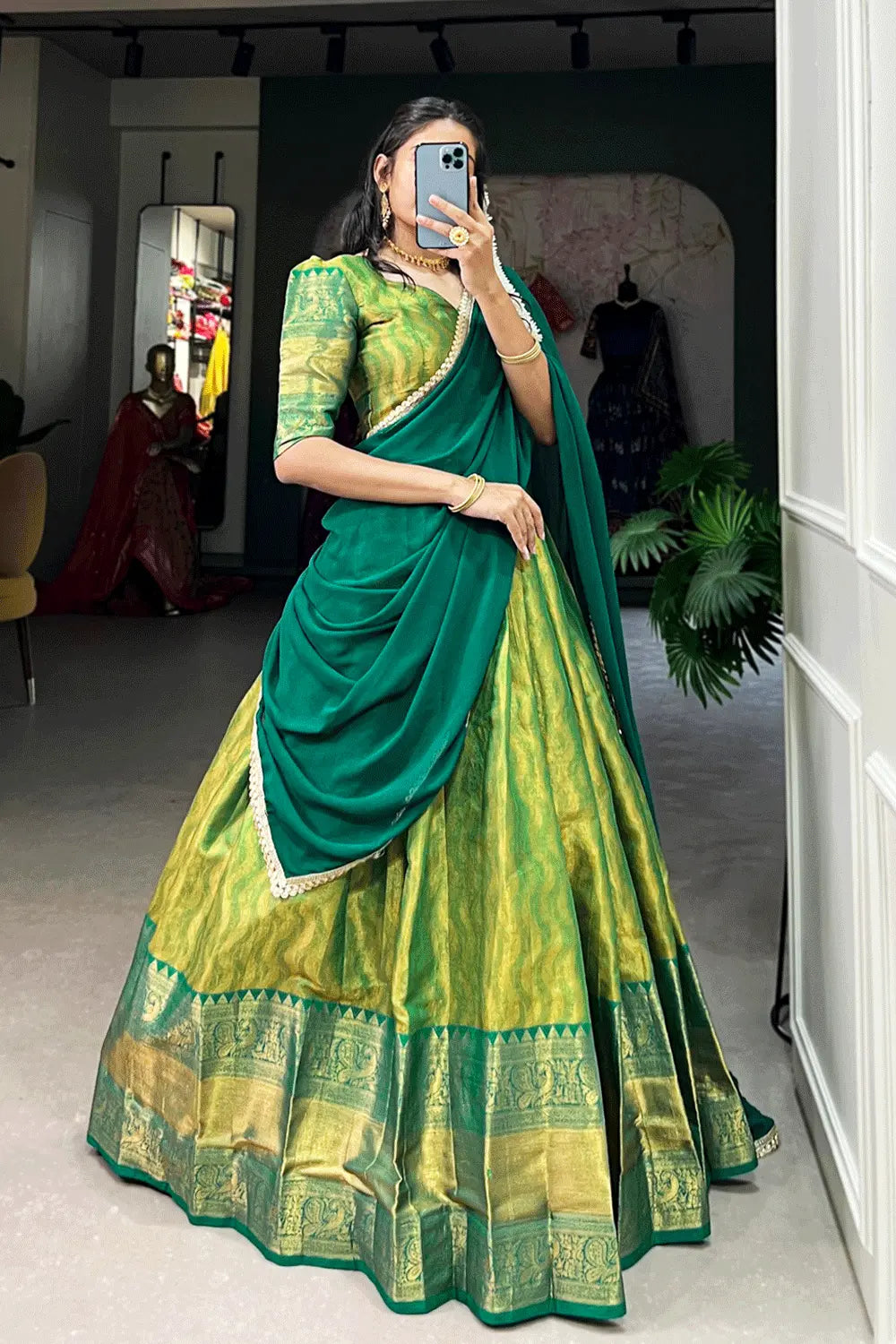 green traditional half saree online shopping