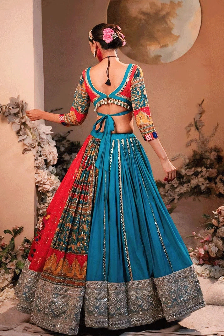 multi design blue colour chaniya choli for garba