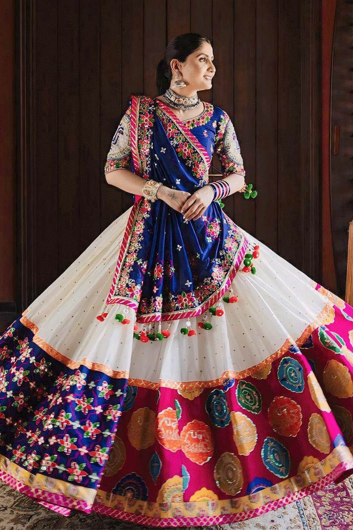 heavy flair navy blue white chaniya choli