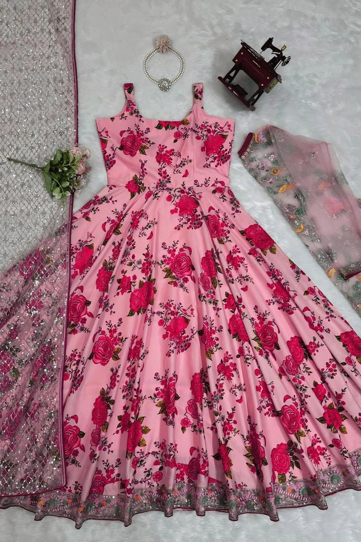 heavy flair pink rose print lehenga 