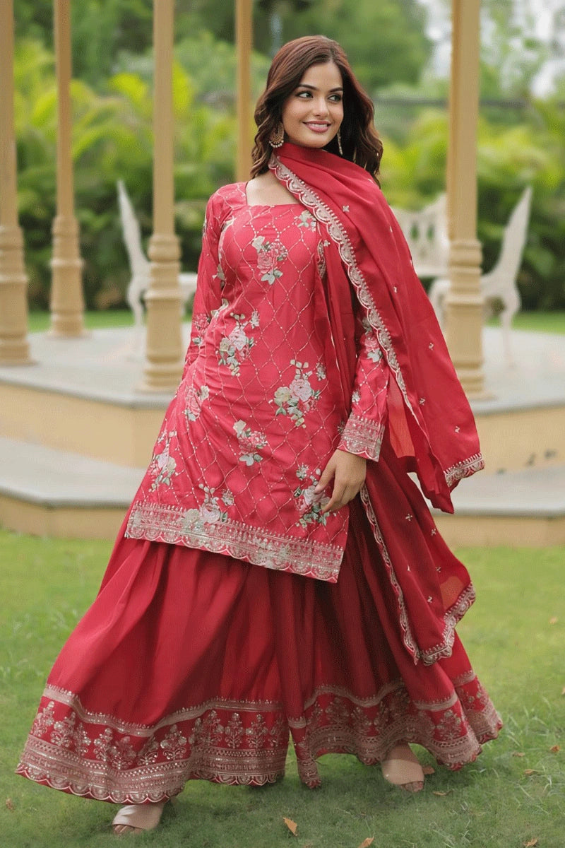red plazo dress Red georgette palazzo suit for women-G3-GSS3208