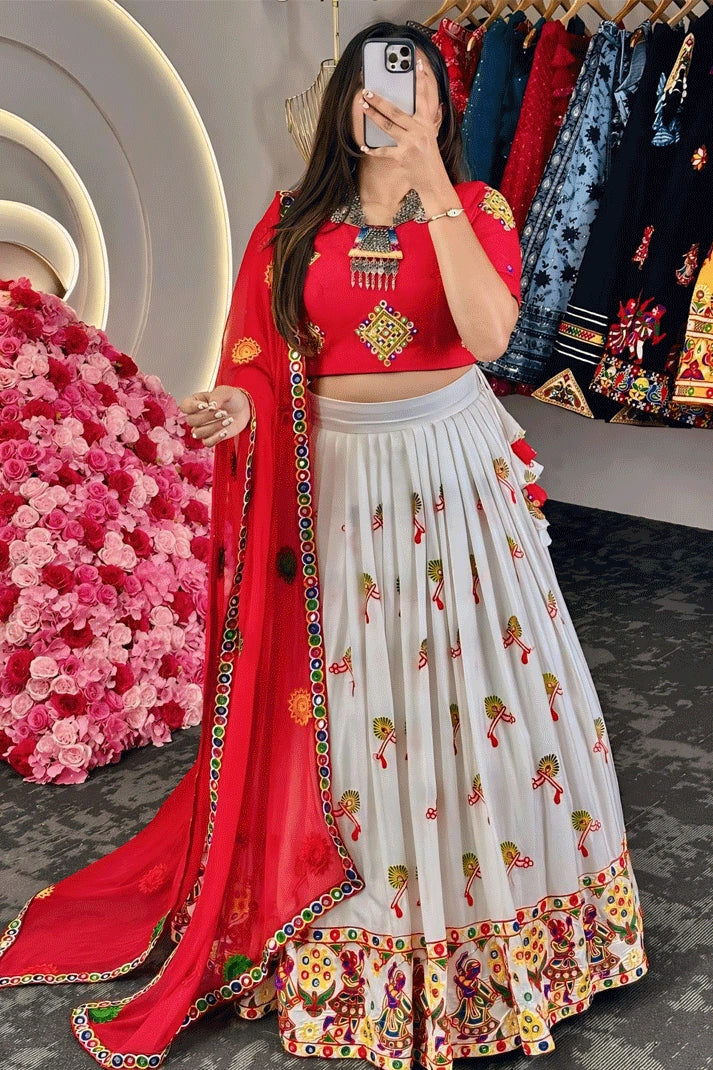 gamthi work white lehenga choli for navratri