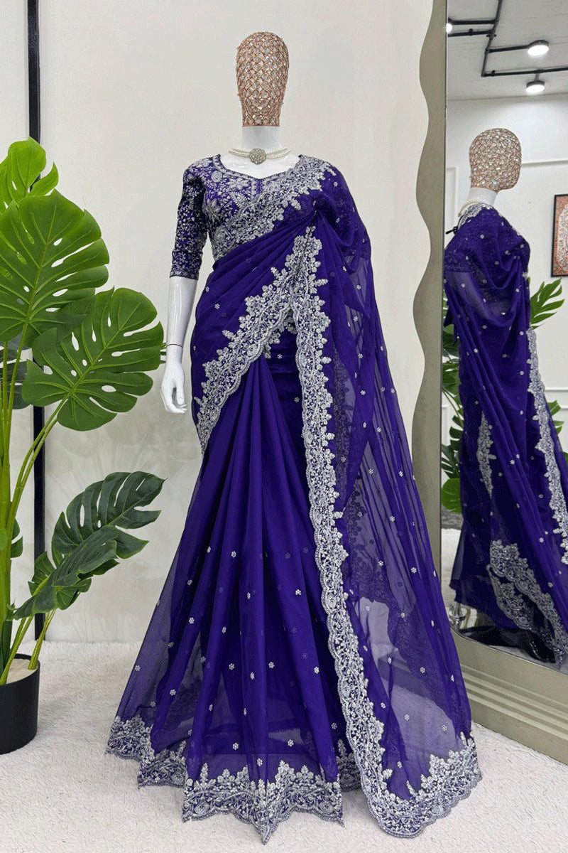 heavy navy blue wedding saree