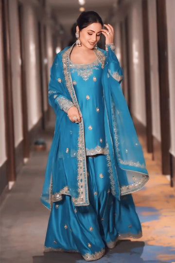 heena khan look sky blue sharara suit