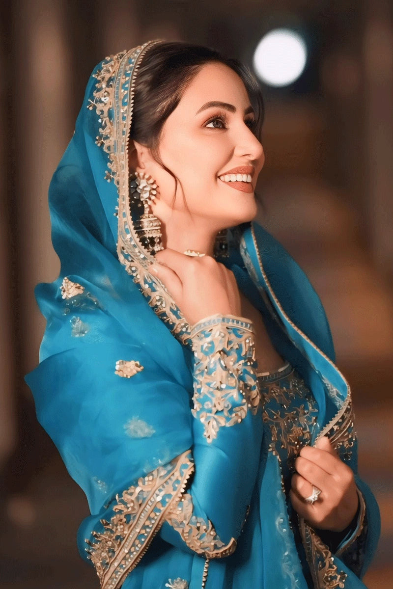 heena khan look sky blue sharara suit